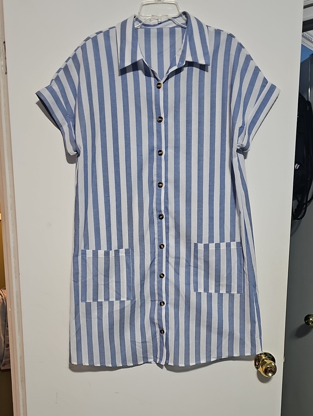New SHEIN Blue and White Striped Shirt Dress Chambray Large Womens Pockets
